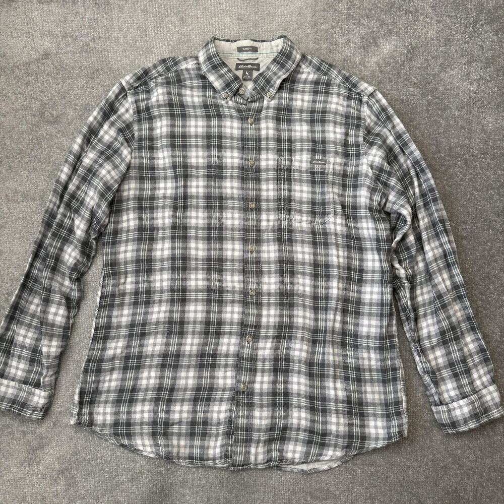 Eddie Bauer Shirt Mens Tall XL Gray Plaid Button Down Long Sleeve Classic Fit